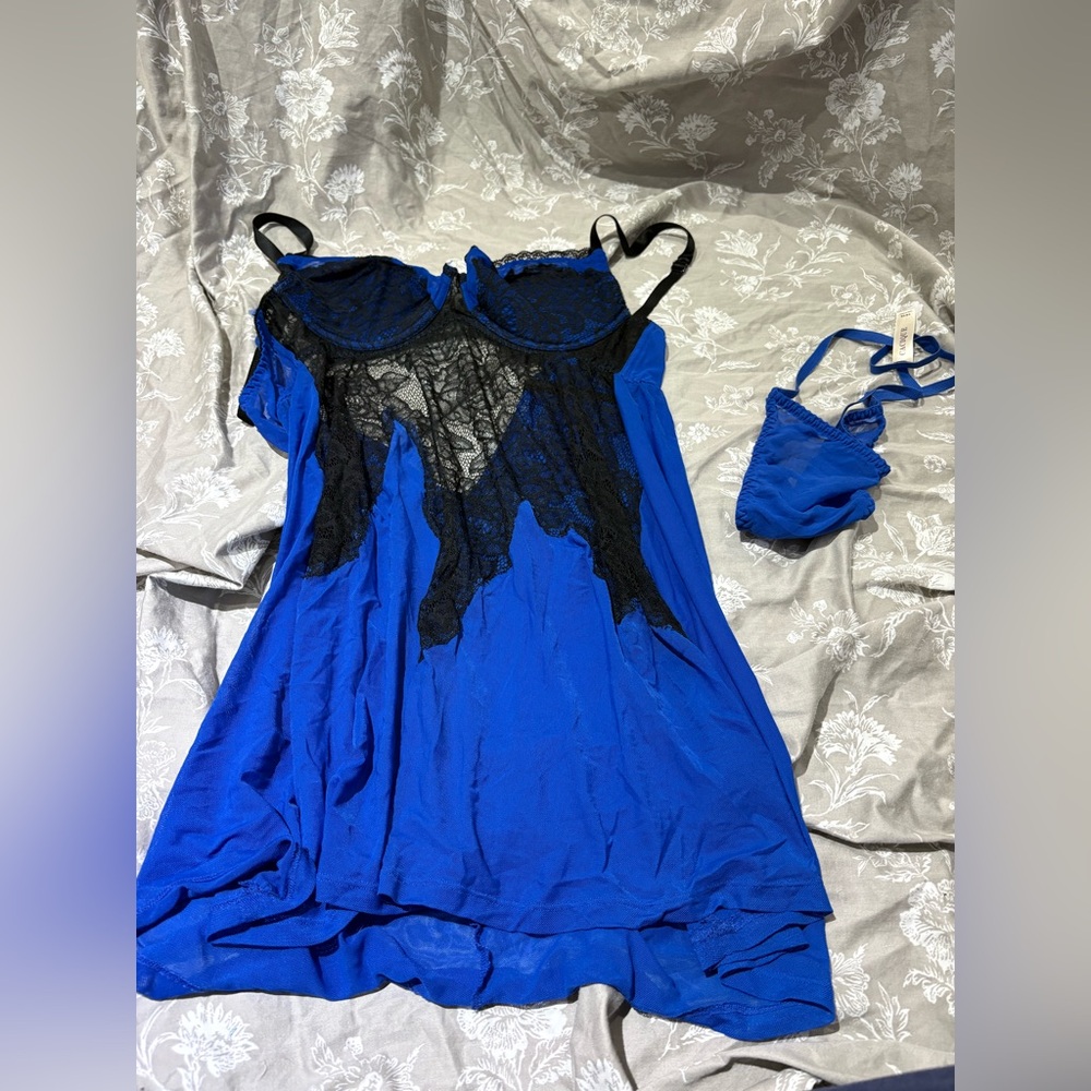 Cacique bright blue black lace nightie lingerie XL 1X 14/16